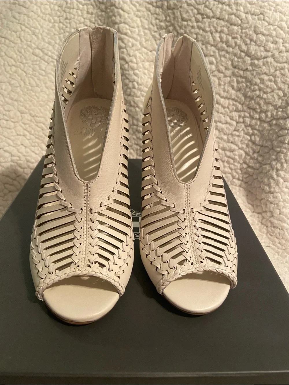 Vince Camuto Warm White Woven Peep-Toe Heel Booties - Neutral Leather